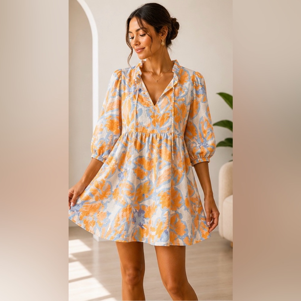 Anthropologie Yellow and Light Blue Floral Mini Dress